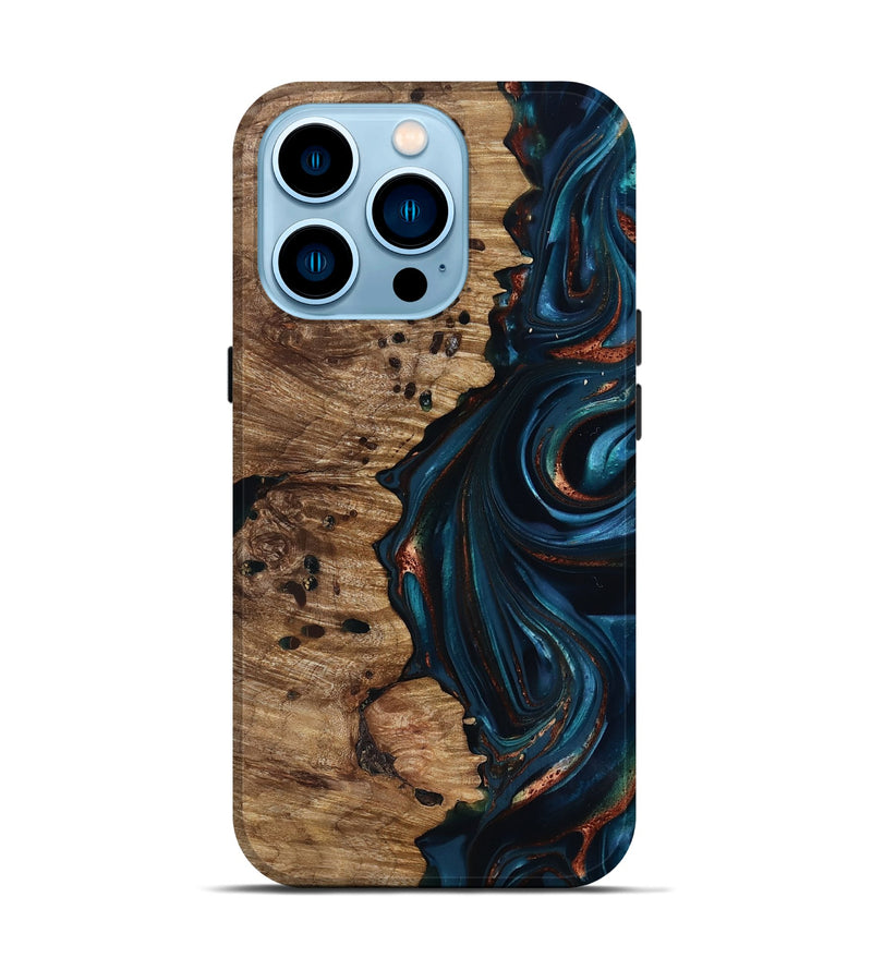 iPhone 14 Pro Wood Live Edge Phone Case - Misael (Teal & Gold, 816902)