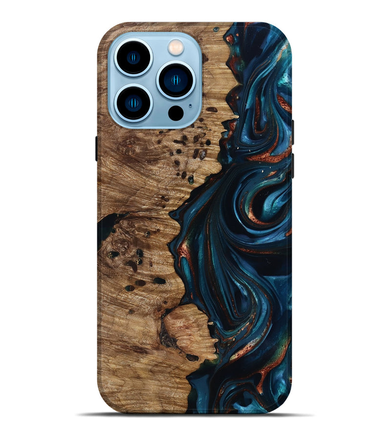 iPhone 14 Pro Max Wood Live Edge Phone Case - Misael (Teal & Gold, 816902)