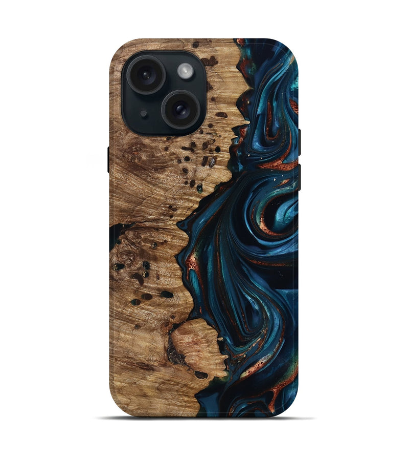 iPhone 15 Wood Live Edge Phone Case - Misael (Teal & Gold, 816902)