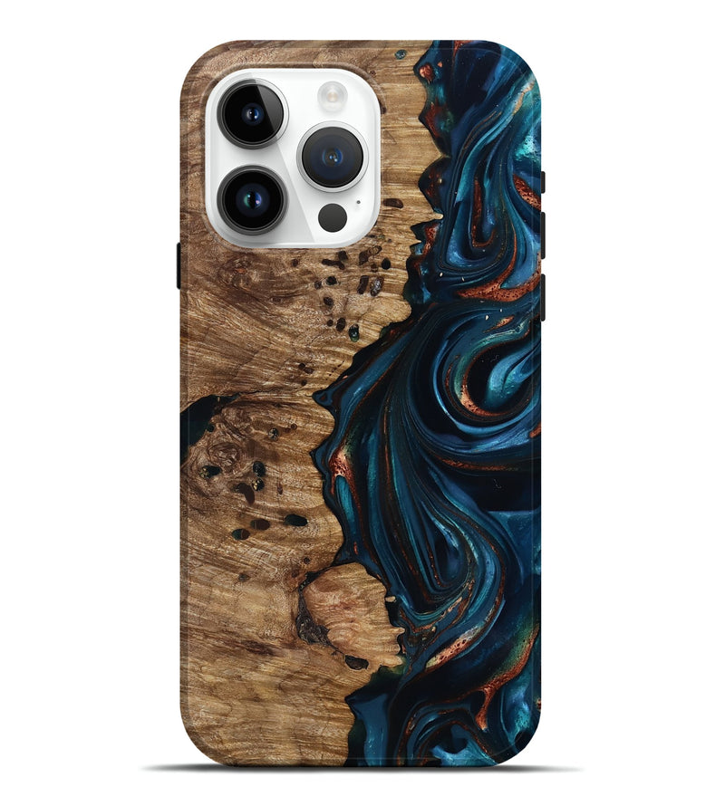iPhone 15 Pro Max Wood Live Edge Phone Case - Misael (Teal & Gold, 816902)