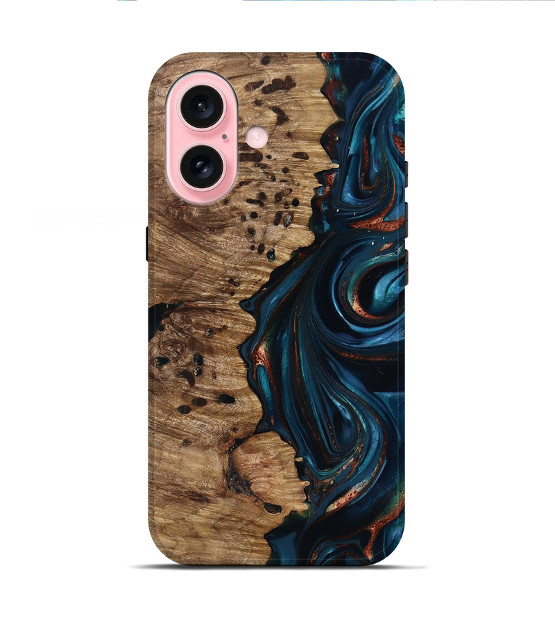 iPhone 16 Wood Live Edge Phone Case - Misael (Teal & Gold, 816902)