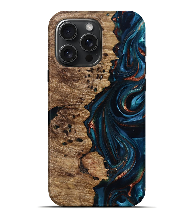 iPhone 16 Pro Max Wood Live Edge Phone Case - Misael (Teal & Gold, 816902)