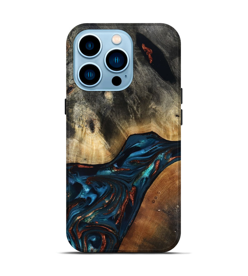 iPhone 14 Pro Wood Live Edge Phone Case - Jericho (Teal & Gold, 816923)