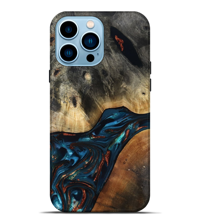 iPhone 14 Pro Max Wood Live Edge Phone Case - Jericho (Teal & Gold, 816923)