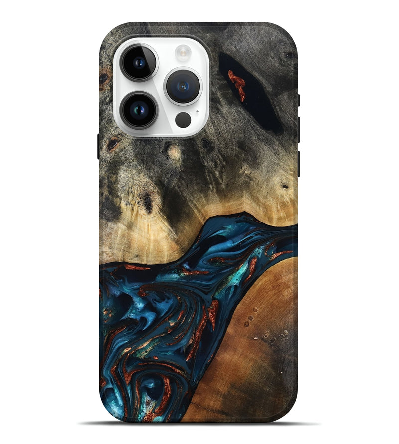 iPhone 15 Pro Max Wood Live Edge Phone Case - Jericho (Teal & Gold, 816923)