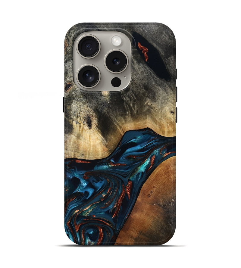 iPhone 16 Pro Wood Live Edge Phone Case - Jericho (Teal & Gold, 816923)