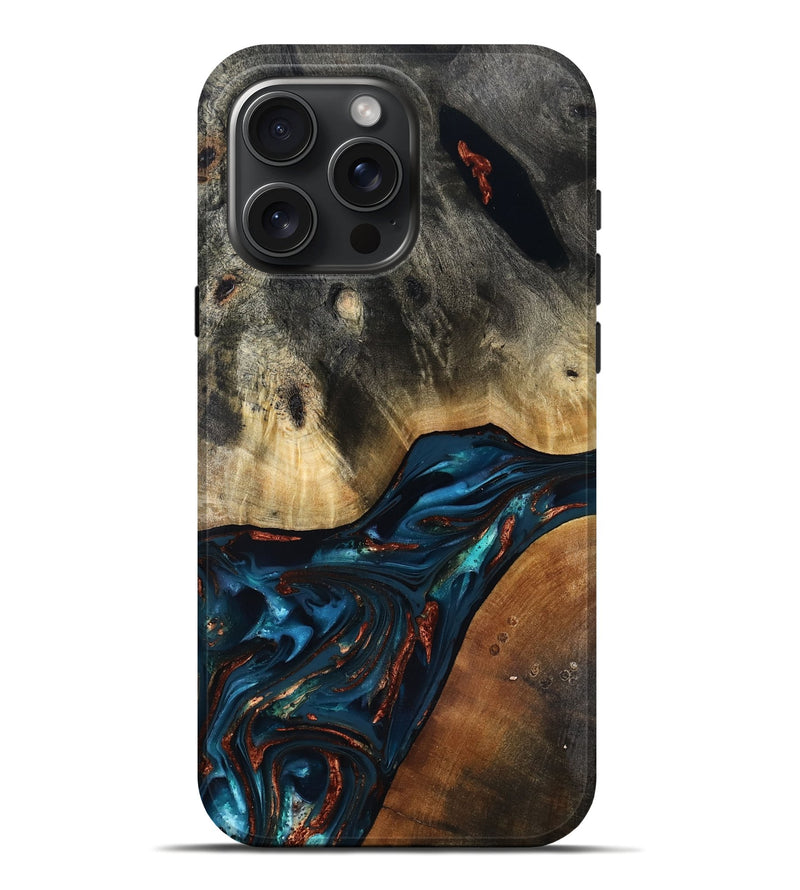 iPhone 16 Pro Max Wood Live Edge Phone Case - Jericho (Teal & Gold, 816923)