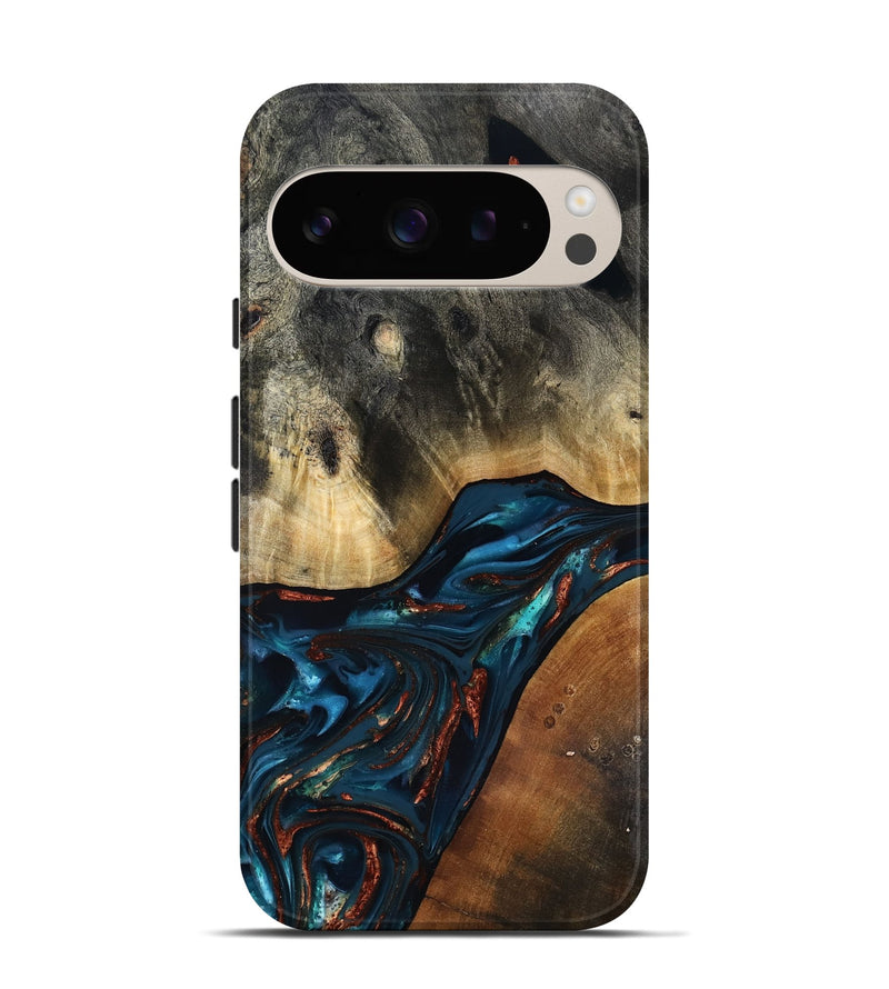 Pixel 9 Pro Wood Live Edge Phone Case - Jericho (Teal & Gold, 816923)