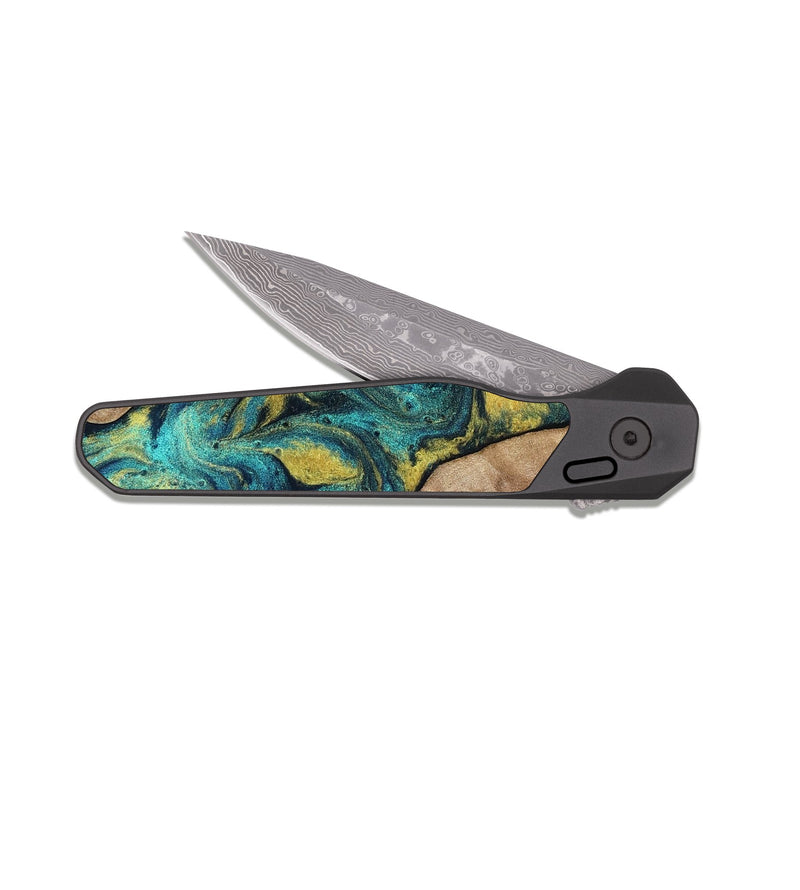 EDC Dark Damascus Wood Pocket Knife - Sidney (Teal & Gold, 816931)