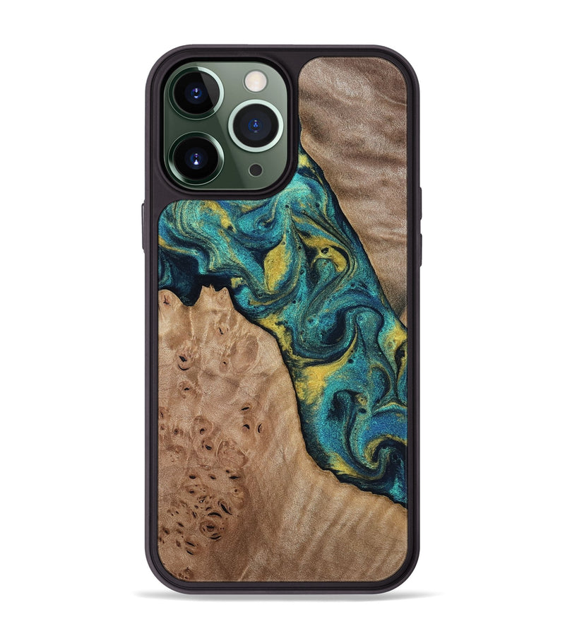 iPhone 13 Pro Max Wood Phone Case - Sidney (Teal & Gold, 816931)