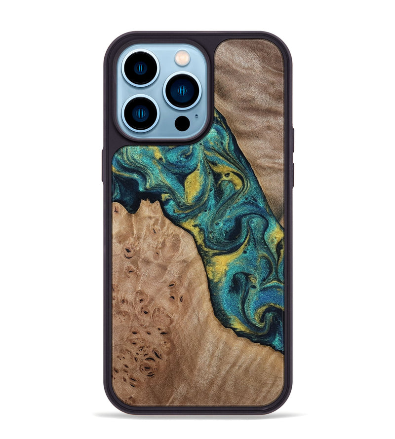 iPhone 14 Pro Max Wood Phone Case - Sidney (Teal & Gold, 816931)