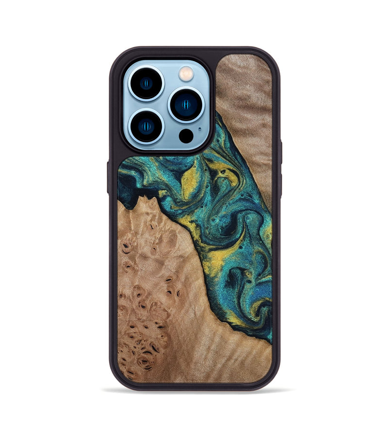iPhone 14 Pro Wood Phone Case - Sidney (Teal & Gold, 816931)