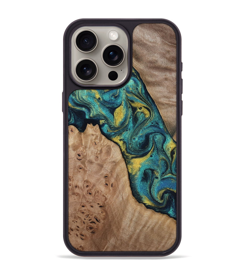 iPhone 15 Pro Max Wood Phone Case - Sidney (Teal & Gold, 816931)