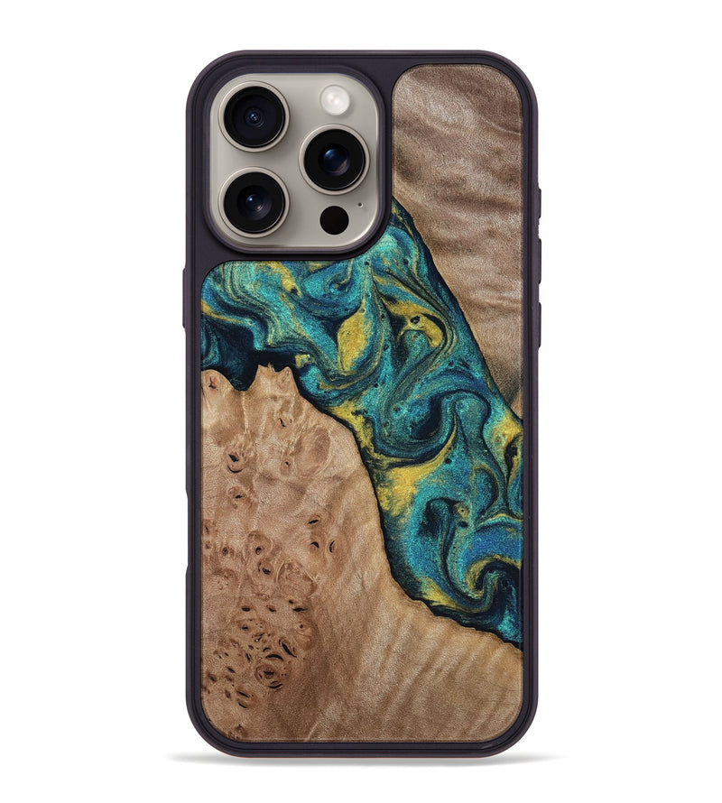 iPhone 16 Pro Max Wood Phone Case - Sidney (Teal & Gold, 816931)