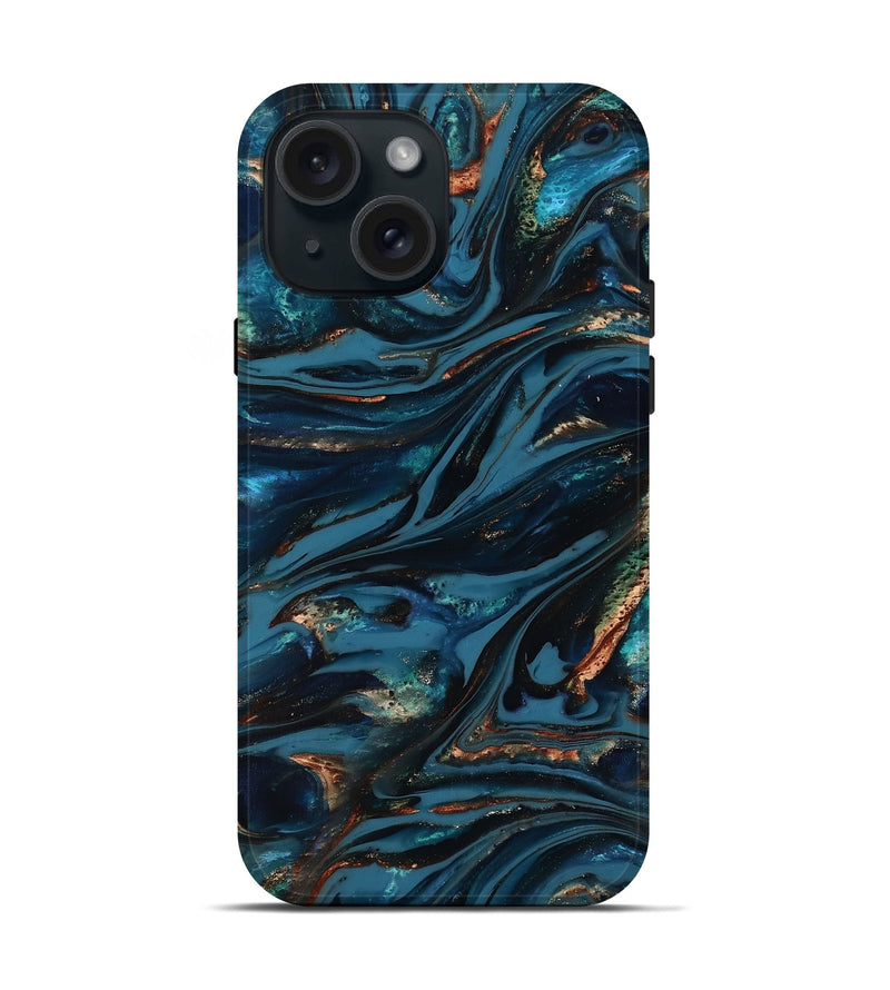 iPhone 15 ResinArt Live Edge Phone Case - Kiana (Teal & Gold, 817004)