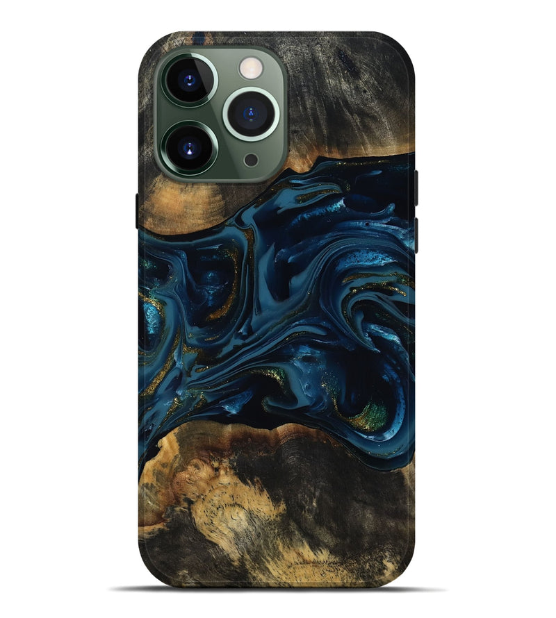 iPhone 13 Pro Max Wood Live Edge Phone Case - Garnett (Teal & Gold, 817006)
