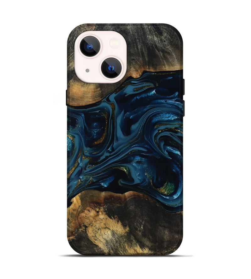 iPhone 14 Wood Live Edge Phone Case - Garnett (Teal & Gold, 817006)