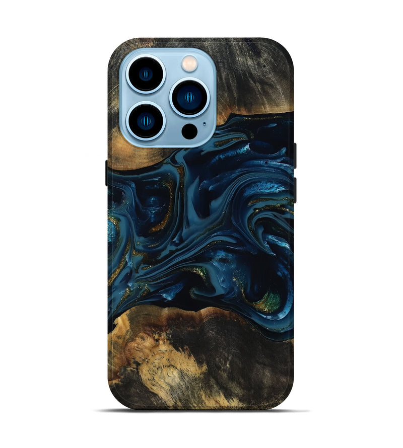 iPhone 14 Pro Wood Live Edge Phone Case - Garnett (Teal & Gold, 817006)