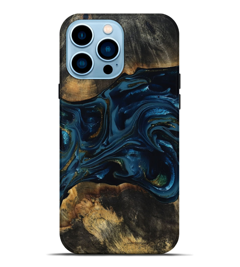iPhone 14 Pro Max Wood Live Edge Phone Case - Garnett (Teal & Gold, 817006)