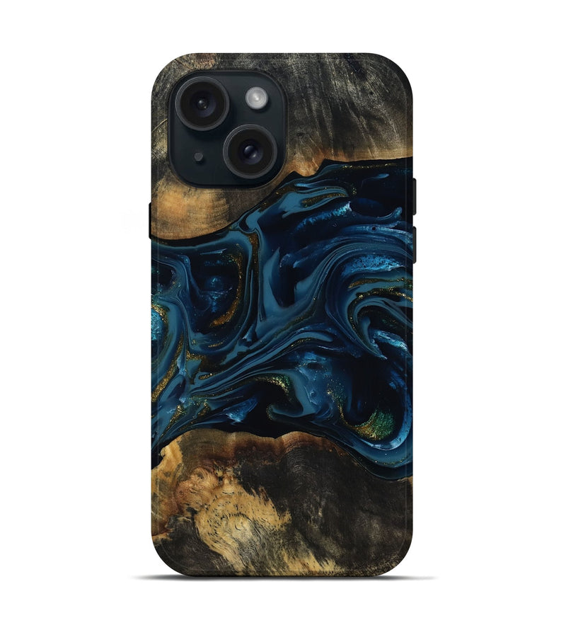 iPhone 15 Wood Live Edge Phone Case - Garnett (Teal & Gold, 817006)