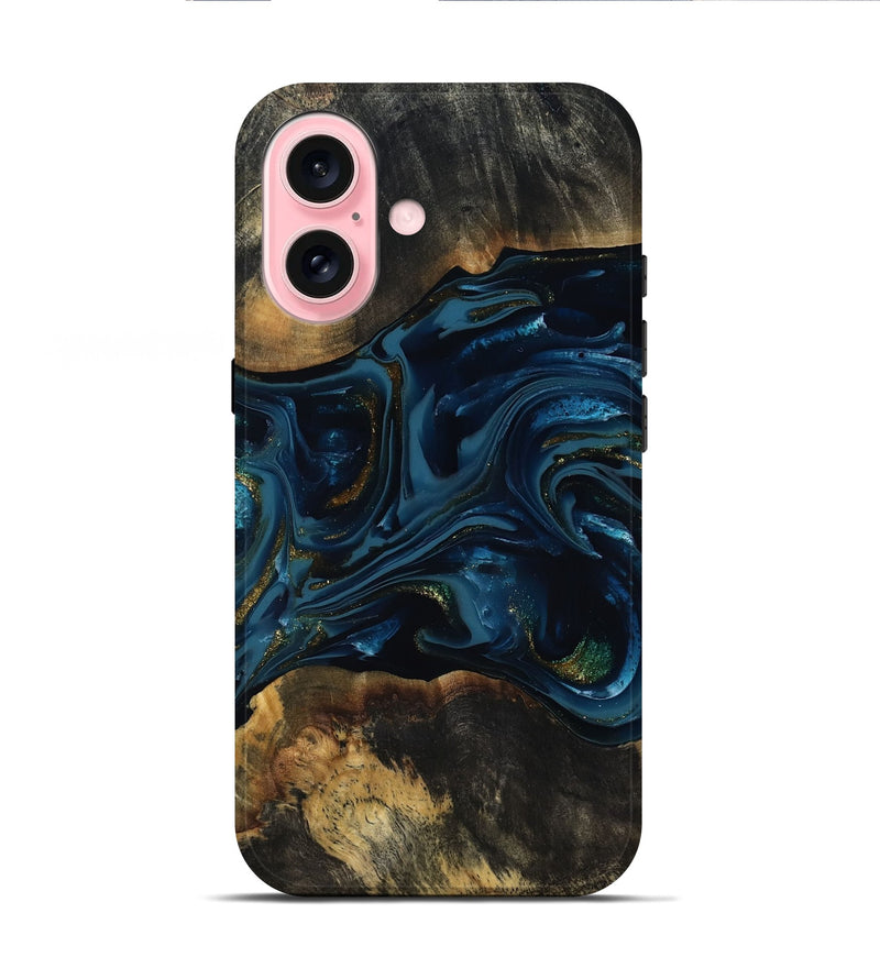 iPhone 16 Wood Live Edge Phone Case - Garnett (Teal & Gold, 817006)