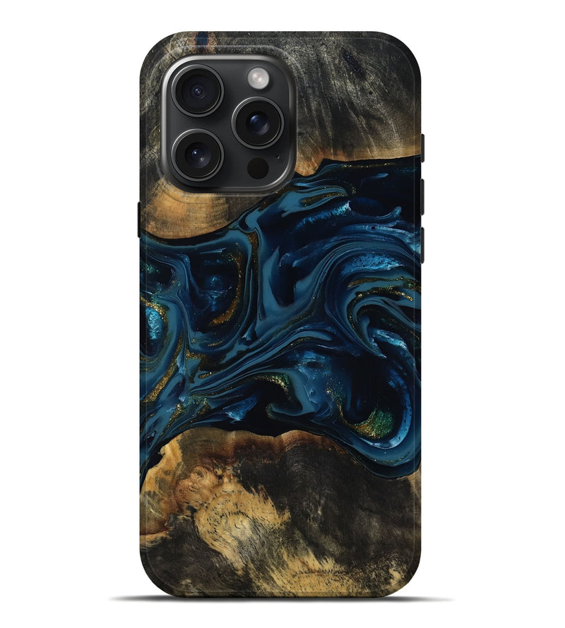iPhone 16 Pro Max Wood Live Edge Phone Case - Garnett (Teal & Gold, 817006)