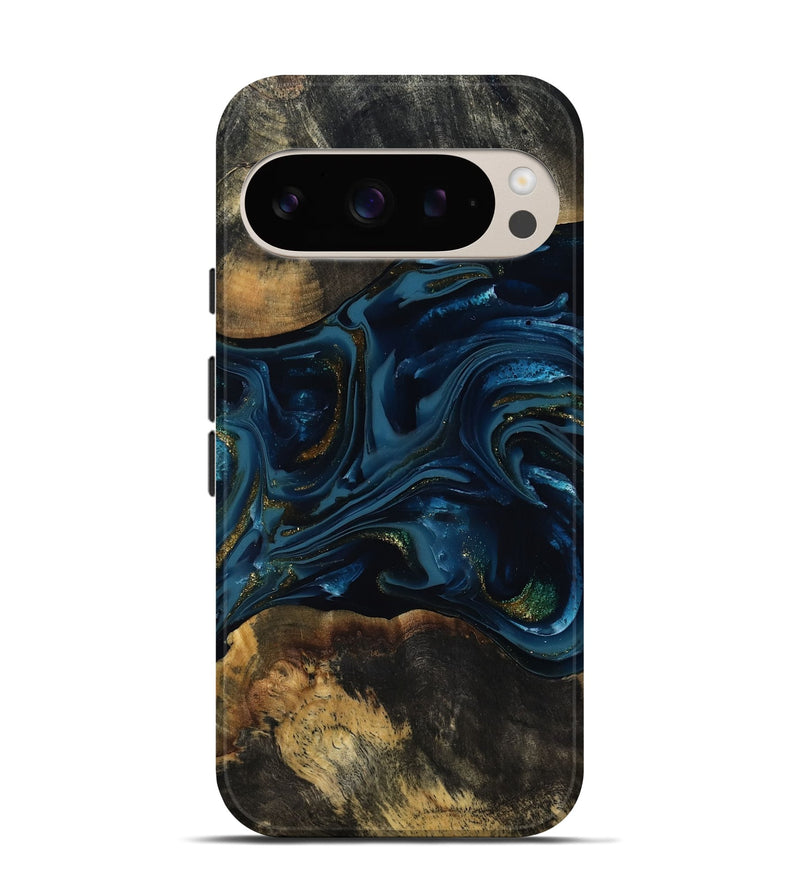 Pixel 9 Pro Wood Live Edge Phone Case - Garnett (Teal & Gold, 817006)