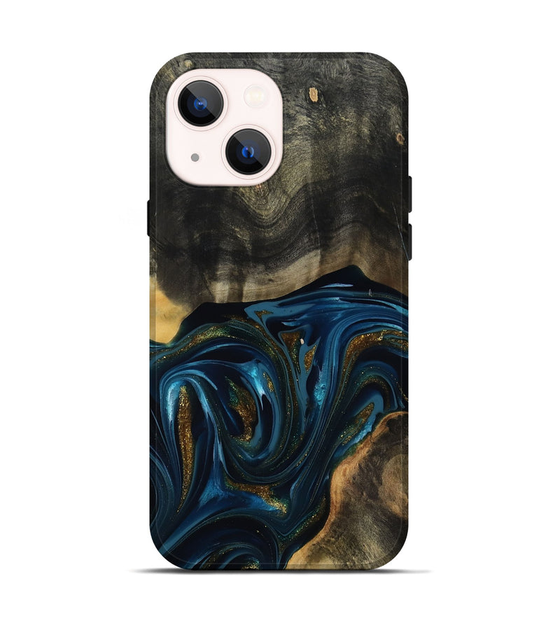 iPhone 14 Wood Live Edge Phone Case - Dakari (Teal & Gold, 817008)