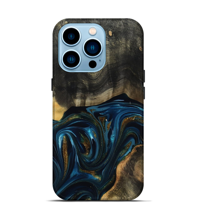 iPhone 14 Pro Wood Live Edge Phone Case - Dakari (Teal & Gold, 817008)