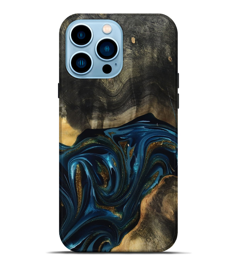 iPhone 14 Pro Max Wood Live Edge Phone Case - Dakari (Teal & Gold, 817008)