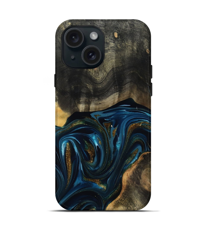 iPhone 15 Wood Live Edge Phone Case - Dakari (Teal & Gold, 817008)