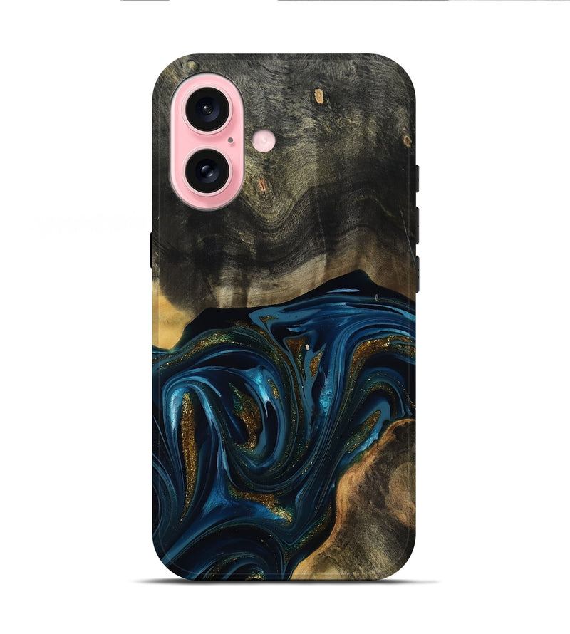 iPhone 16 Wood Live Edge Phone Case - Dakari (Teal & Gold, 817008)