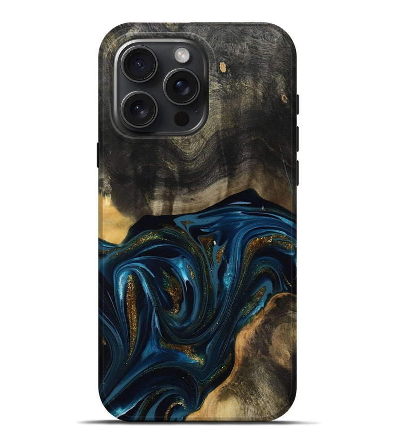 iPhone 16 Pro Max Wood Live Edge Phone Case - Dakari (Teal & Gold, 817008)
