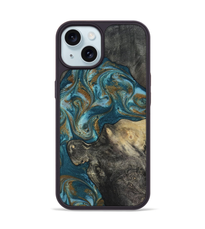 iPhone 15 Wood Phone Case - Nannie (Teal & Gold, 817151)