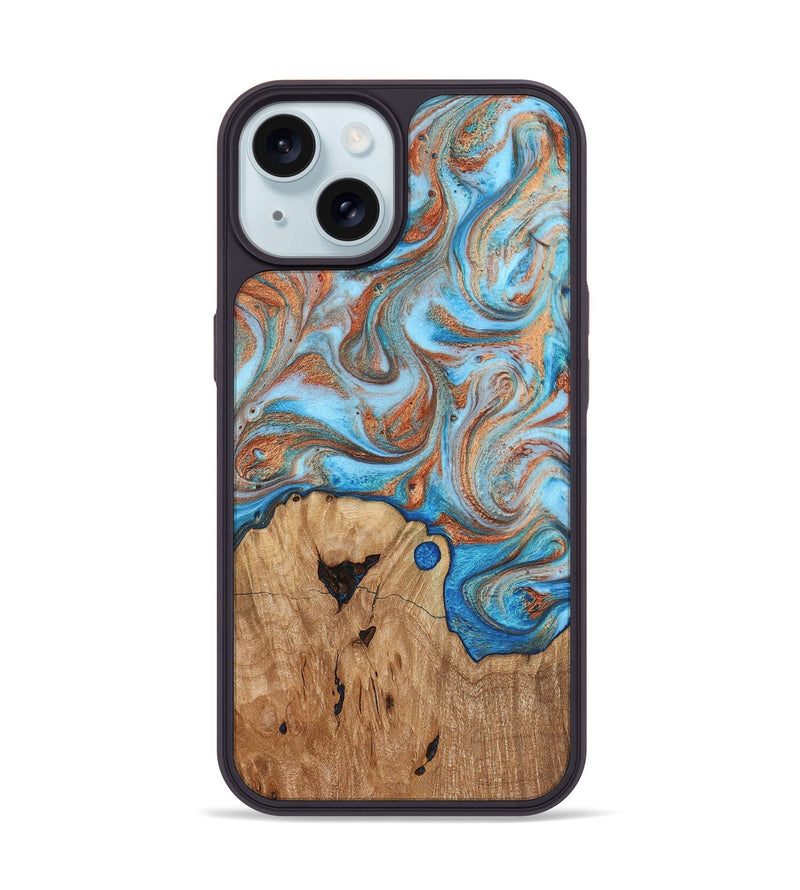 iPhone 15 Wood Phone Case - Shay (Teal & Gold, 817155)