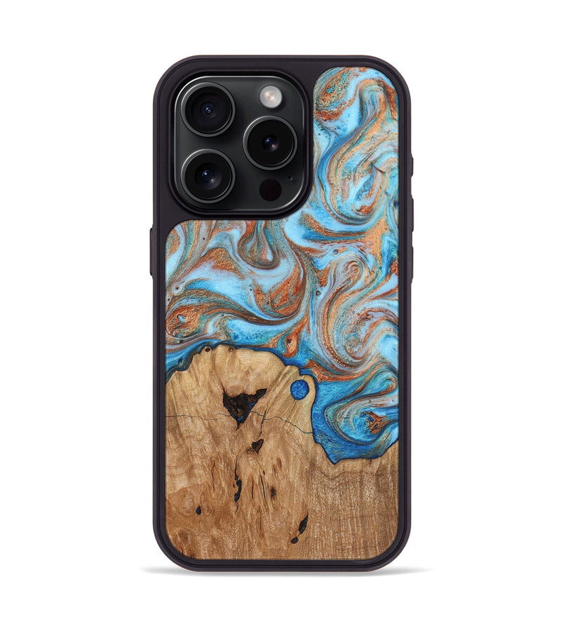 iPhone 15 Pro Wood Phone Case - Shay (Teal & Gold, 817155)
