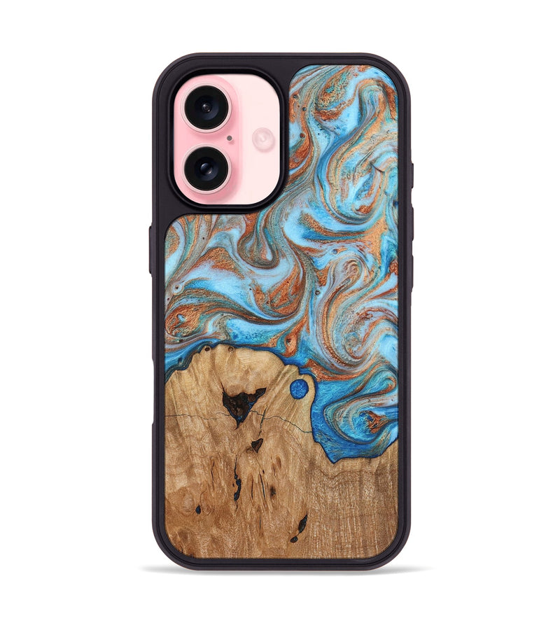 iPhone 16 Wood Phone Case - Shay (Teal & Gold, 817155)