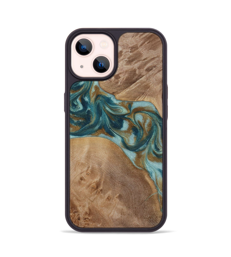 iPhone 14 Wood Phone Case - Therese (Teal & Gold, 817157)