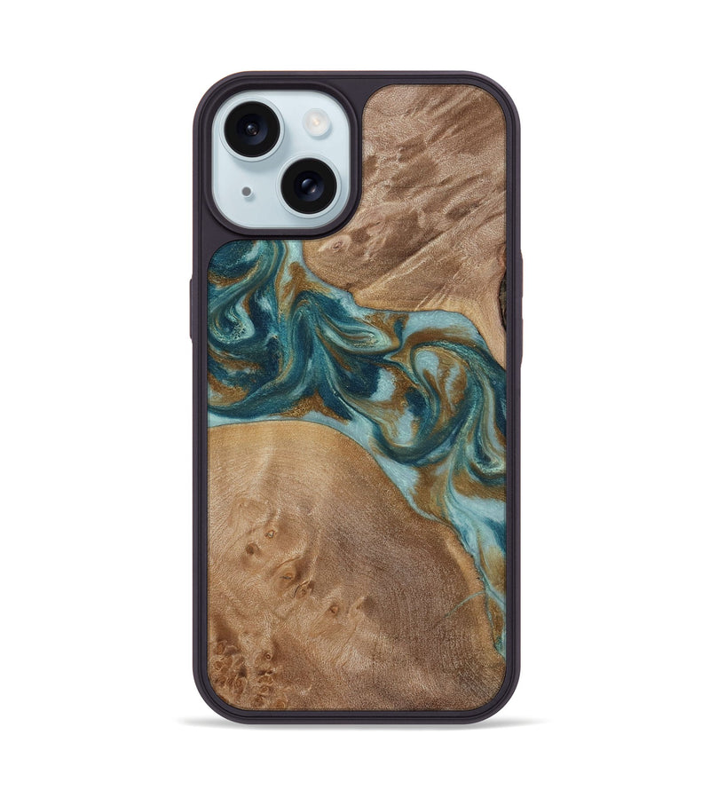 iPhone 15 Wood Phone Case - Therese (Teal & Gold, 817157)