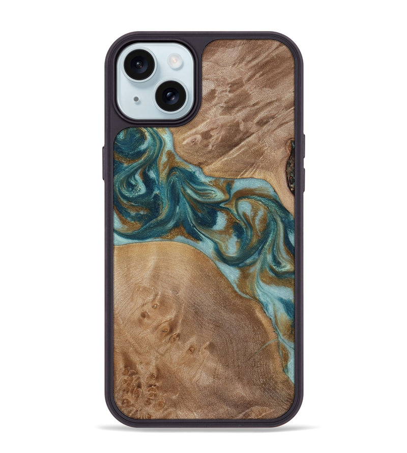 iPhone 15 Plus Wood Phone Case - Therese (Teal & Gold, 817157)