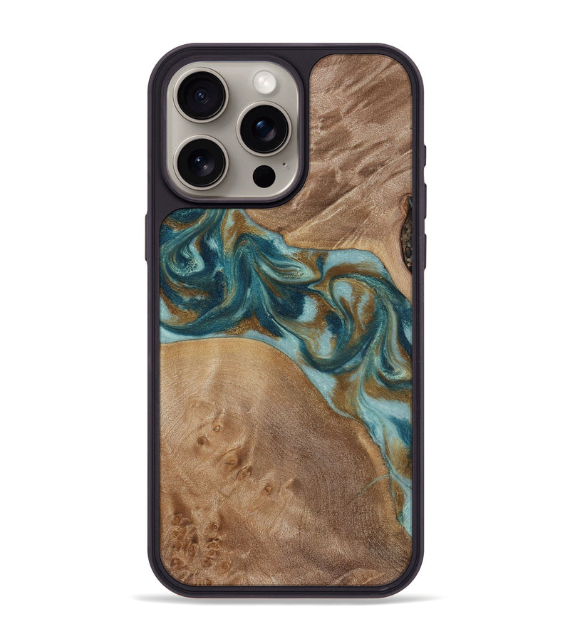 iPhone 15 Pro Max Wood Phone Case - Therese (Teal & Gold, 817157)