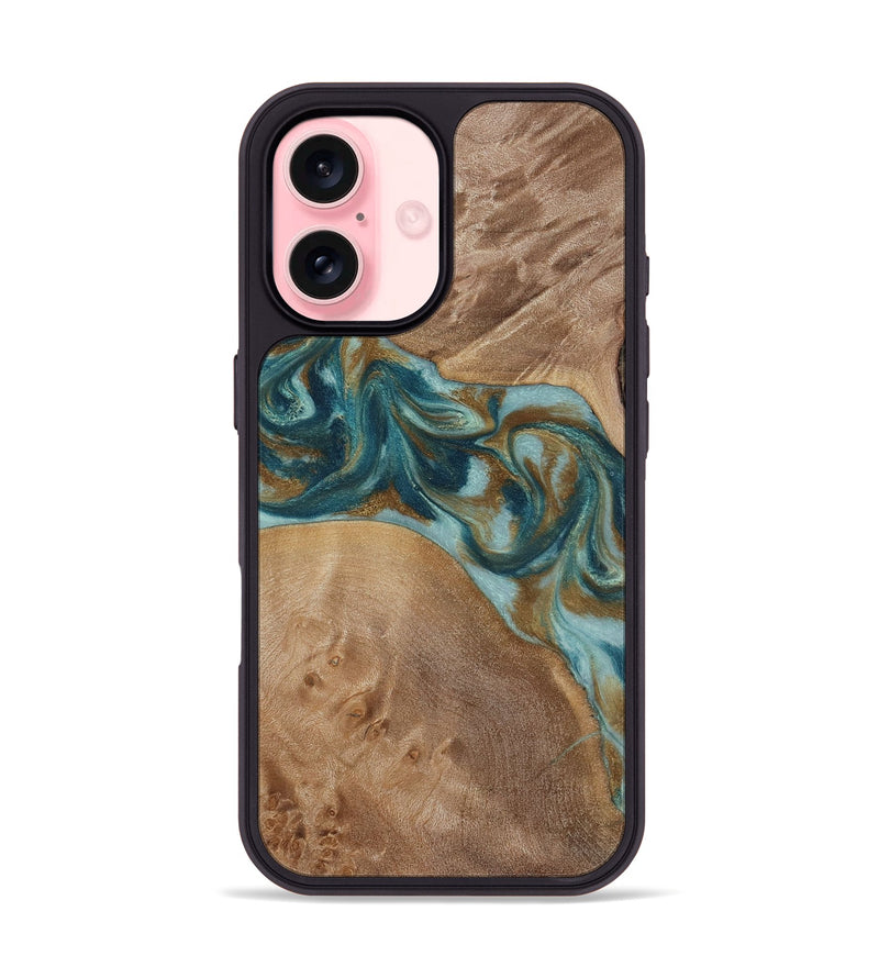 iPhone 16 Wood Phone Case - Therese (Teal & Gold, 817157)