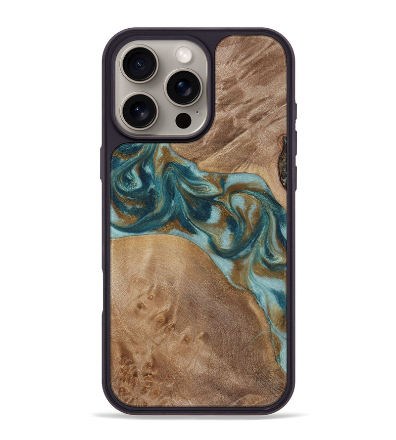 iPhone 16 Pro Max Wood Phone Case - Therese (Teal & Gold, 817157)