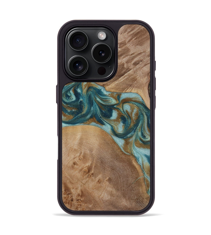 iPhone 16 Pro Wood Phone Case - Therese (Teal & Gold, 817157)