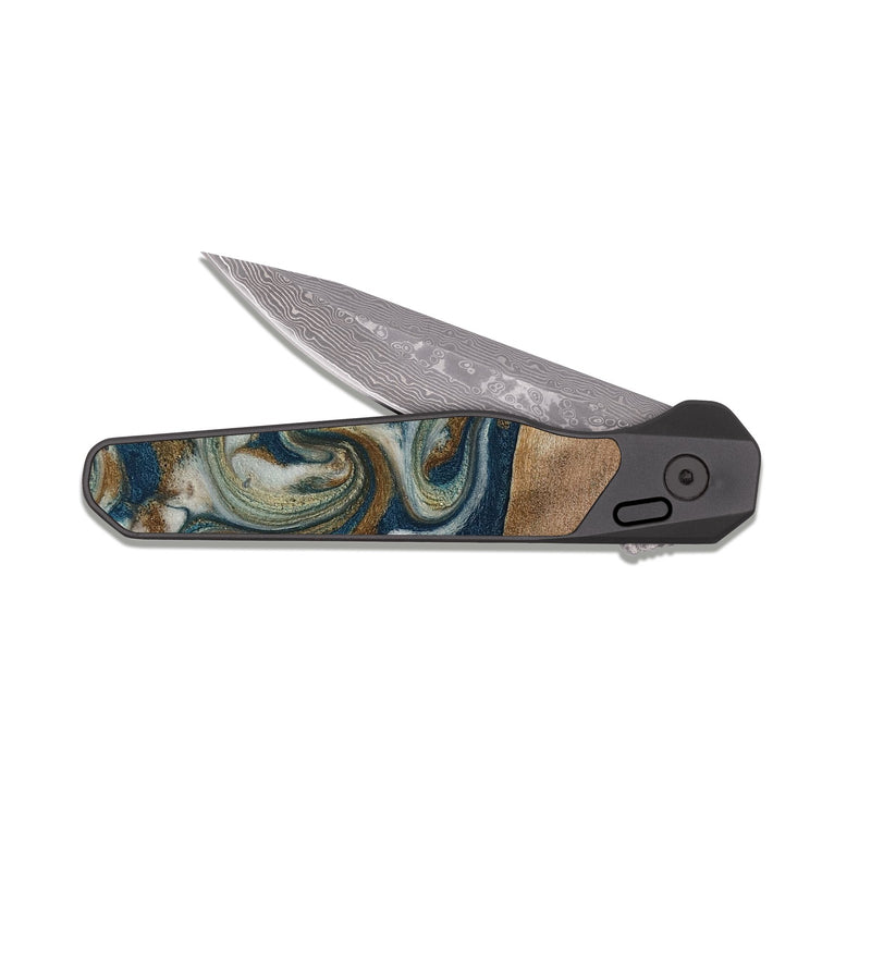 EDC Dark Damascus Wood Pocket Knife - Mona (Teal & Gold, 817244)
