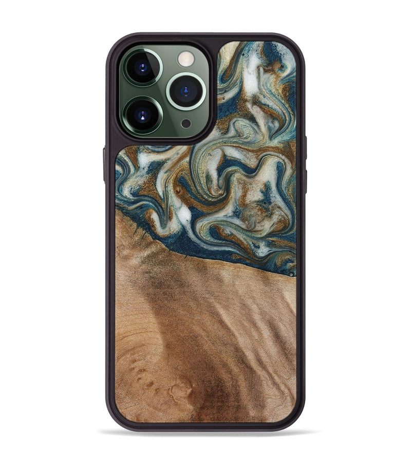 iPhone 13 Pro Max Wood Phone Case - Mona (Teal & Gold, 817244)
