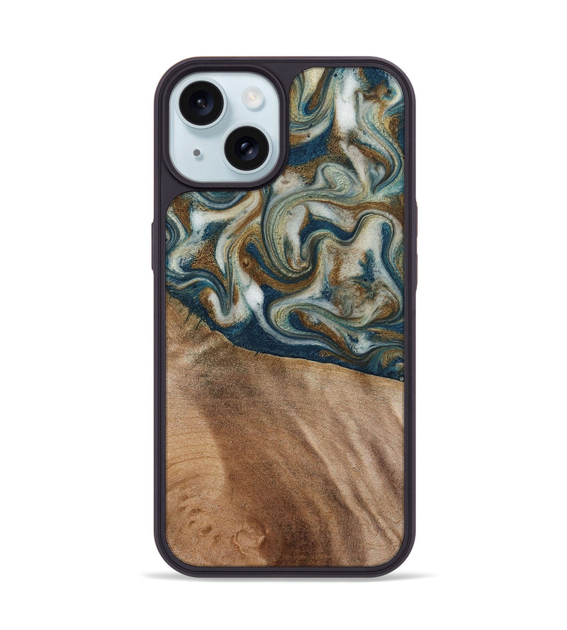 iPhone 15 Wood Phone Case - Mona (Teal & Gold, 817244)