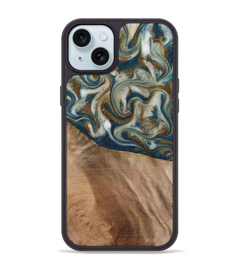 iPhone 15 Plus Wood Phone Case - Mona (Teal & Gold, 817244)