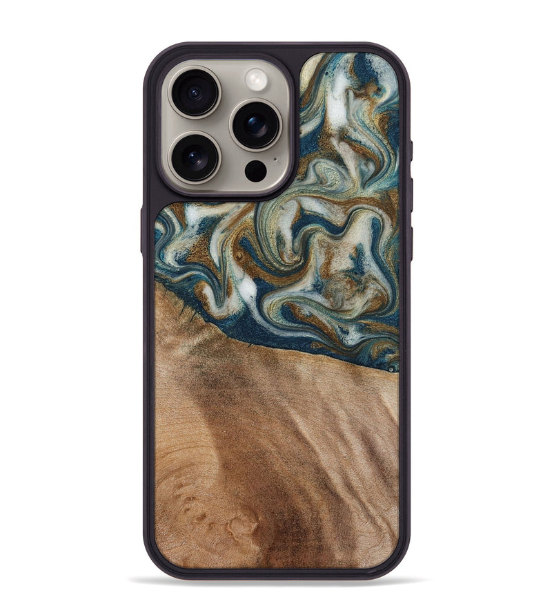 iPhone 15 Pro Max Wood Phone Case - Mona (Teal & Gold, 817244)