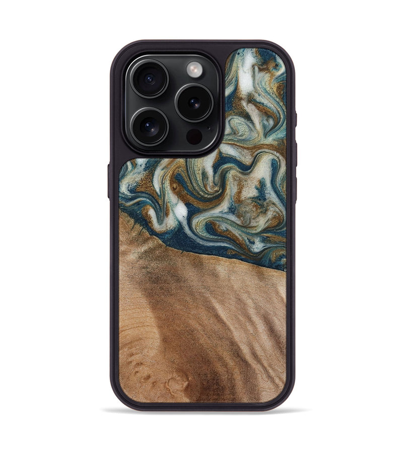 iPhone 15 Pro Wood Phone Case - Mona (Teal & Gold, 817244)